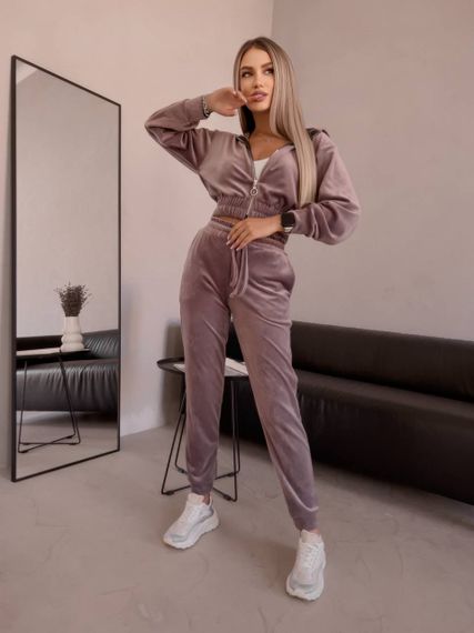Женский спортивный велюровый костюм с укороченной кофтой LM10364 цвет мокко, размер 42/44 | Зображення 1
