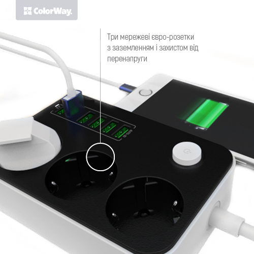 Фільтр мережевий 3 розетки/6USB 1,8 м чорний CW-CHE36B ColorWay | Зображення 1
