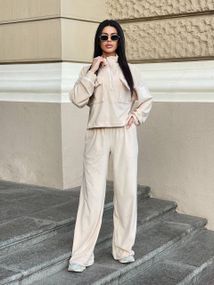 Женский велюровый спортивный костюм с штанами палаццо JA0282 цвет бежевый, размер 42/44