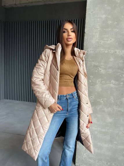 Женская длинная теплая куртка-пальто стеганая силикон 200, NA1044 цвет бежевый, размер 46/48 | Зображення 3