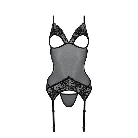 Корсет із підв’язками та ажурним ліфом Passion CHRISTA CORSET XXL/XXXL, black, стрінги в комплекті | Зображення 4