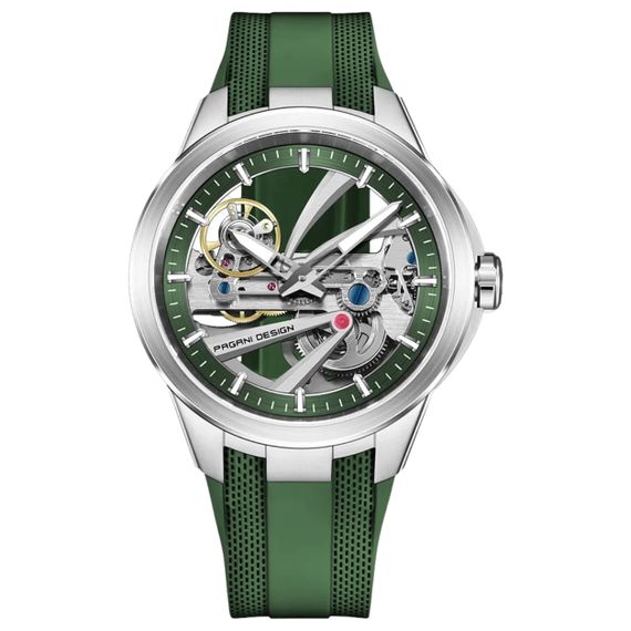Чоловічий механічний годинник Pagani Design PD-YS030 Silver-Green Rubber з сапфіровим склом