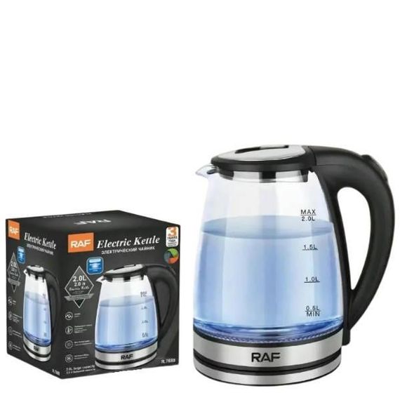 Чайник электрический стекляный 2,0L RAF R7888 Черный с серым