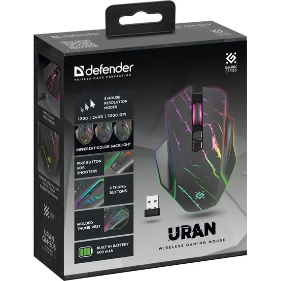 Мишка Defender Uran GM-503, бездротова, ігрова, 3200 dpi., 8кн., 400mAh,  LED, чорна