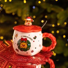 Новогодняя фарфоровая чашка "Зимняя Сказка" с крышкой 400 мл Yiwu FM-CS-20A