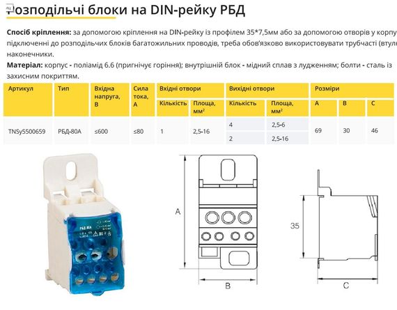 Розподільний блок на DIN-рейку РБД-80А Ny95500659 | Зображення 2
