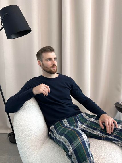 Домашня піжама для чоловіків COSY із фланелі (штани+лонгслів темно синій) в клітину синьо-зелені | Зображення 8