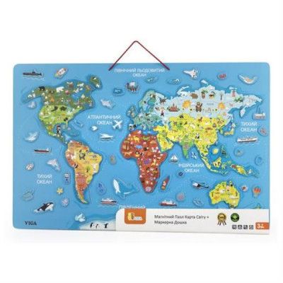 Пазл Viga Toys магнитный Карта мира с маркерной доской, на украинском языке (44508) | Зображення 1