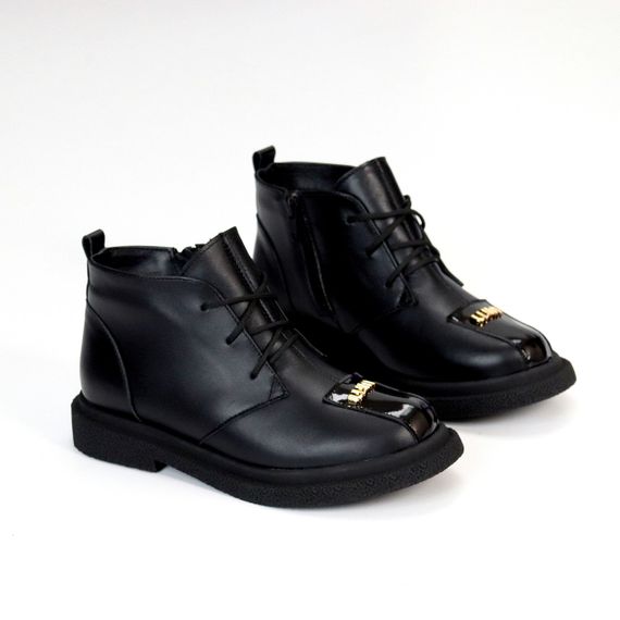 Дизайнерські чорні шкіряні зимові черевики з глянсовою вставкою | Зображення 4