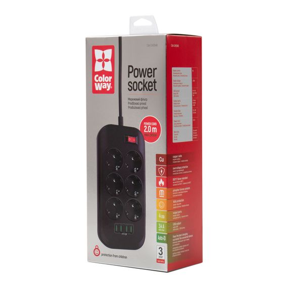 Мережевий фільтр живлення ColorWay CW-CHE64B, 6 розеток/4USB Black (CW-CHE64B) | Зображення 7