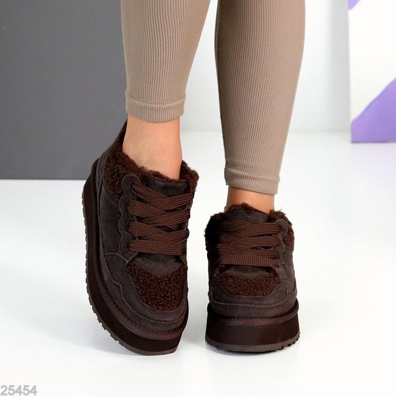 Теплые спортивные замшевые угги тедди на шнуровке цвет Шоколад