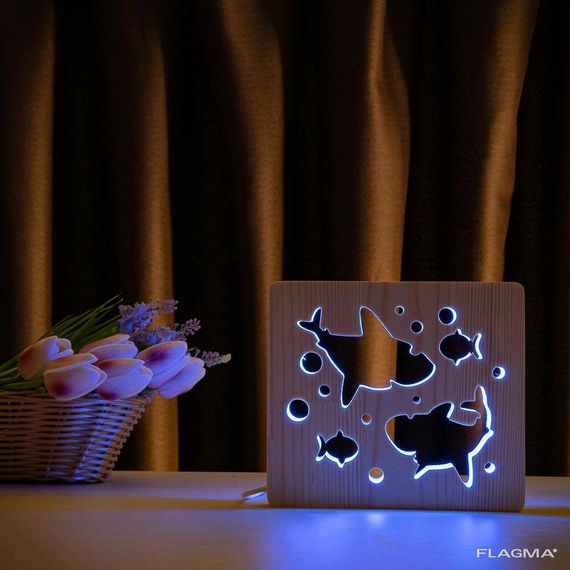 Светильник ночник ArtEco Light из дерева LED "Две акулы и рыбки" с пультом и... | Зображення 8