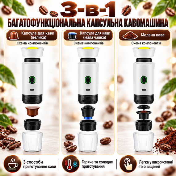 Портативна кавоварка 3 в 1 KF-JN-02 акумуляторна для капсул і меленої кави, з підігрівом води, USB Type-C, біла | Зображення 8