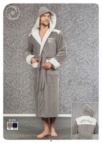 Мужской велюровый халат Nusa 2810 с капюшоном, серый M