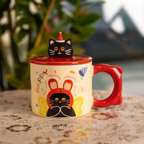 Кубок порцелянова з кришкою Kitten's Birthday 400 (мл) подарункова кружка прикольна чашка для дітей на подарунок Червоний FM-24D