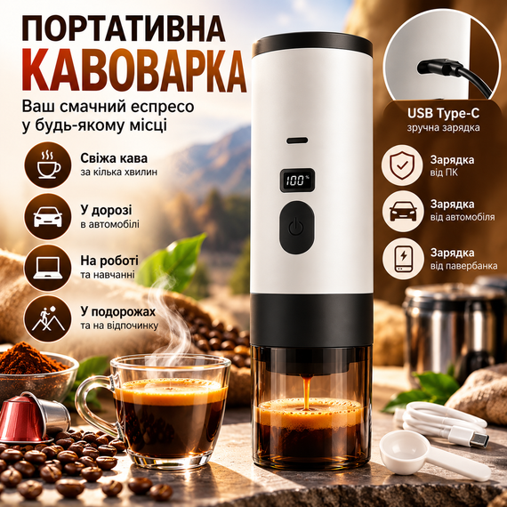Портативна акумуляторна кавоварка 15 бар з підігрівом води 7800 мА·год для капсул і меленої кави USB Type-C біла | Зображення 3