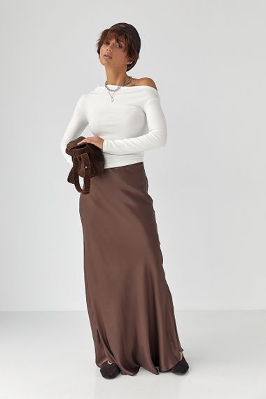 Жіноча атласна довга спідниця на резинці - темно-коричневий цвет, L (є розміри) | Зображення 2