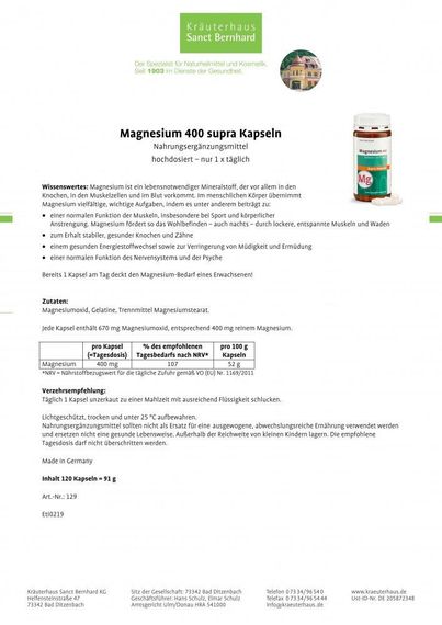 Вітаміни "Sanct Bernhard" Magnesium 400 mg. Магній 400 мг, 120 капсул, Німеччина | Зображення 1