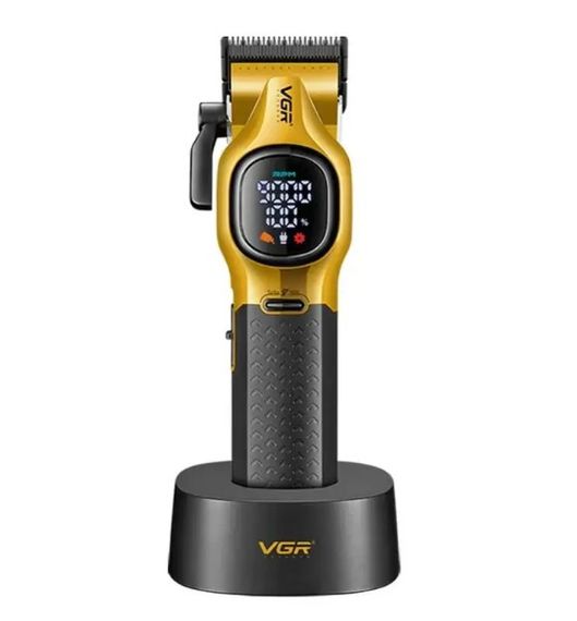 Универсальная машинка для стрижки VGR V-886C GOLD с 6 насадками професиональная аккумуляторная на подставке LED-дисплей Золотистая