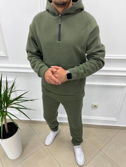 Теплий чоловічий спортивний костюм на флісі худі на блискавці і штани колір хакі розмір S (44-46) adl1003 | Зображення 1