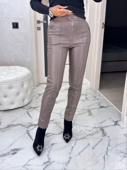 Женские утепленные узкие кожаные брюки на замше, BU8780 цвет мокко, размер 50 | Зображення 4