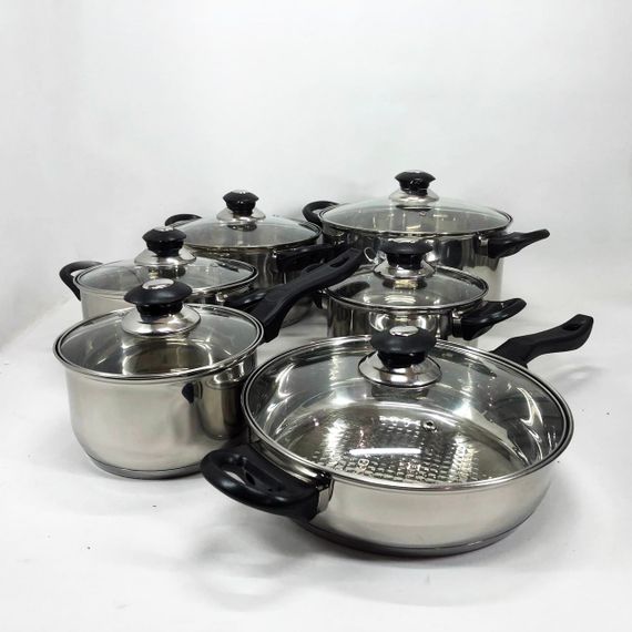 Набір каструль FH-219 з нержавіючої сталі 1.9л, 2.5л, 3.4л, 5.8л, 1.9л сковорода 24см та скляними кришками | Зображення 7