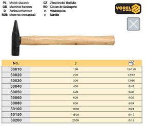 Молоток слюсарний ручка дерево 1,0 кг VOREL-30100