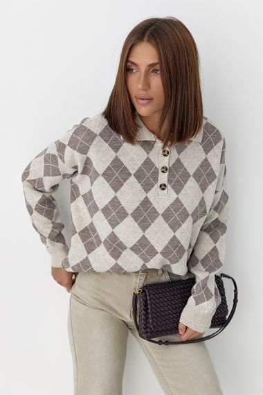 Вільний светр-поло з ромбами - бежевий цвет, ONE SIZE (є розміри) | Зображення 4