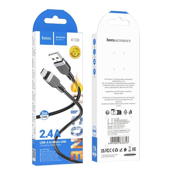 USB Hoco X109 Silicone Micro 2.4A 3m | Зображення 1