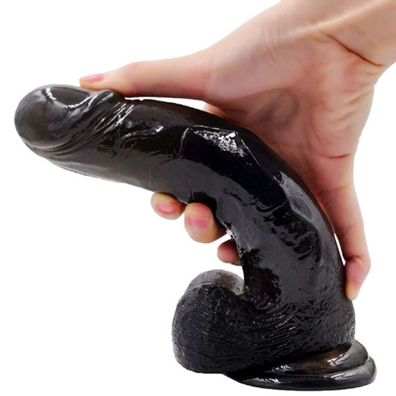 Реалистичный фаллоимитатор черного цвета с мошонкой на присоске 22 см | Зображення 1
