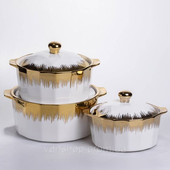 Набір супниць порцелянових 3 (шт) 1.5/2/3 (л)  каструлі бульйонниці з кришкою та ручками для дому та ресторану з позолотою | Зображення 3