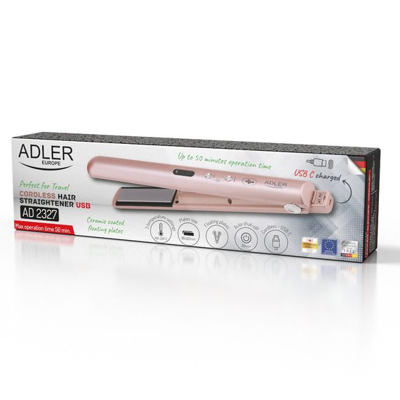 Випрямляч для волосся Adler AD 2327, бездротовий, керамічні пластини, USB, рожевий | Зображення 9