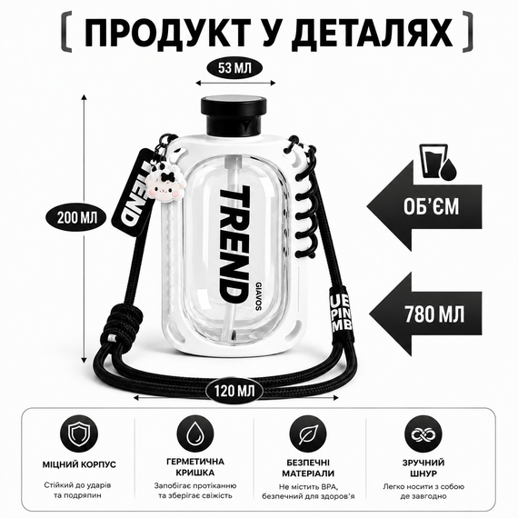 Бутылка для воды TREND 780 мл белая с силиконовым чехлом, соломинкой и ремешком | Зображення 9