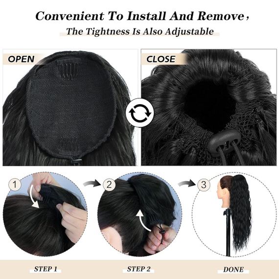 Хвіст накладний довгий кучерявий каштановий, шиньйон на шнурку хвилястий, термостійке коричневе волосся для швидкого нарощування | Зображення 3