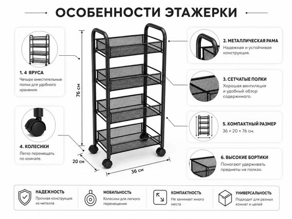 Полиця-етажерка на коліщатках 4 яруси 36×20×76 см • Металевий пересувний стелаж-органайзер для кухні ванної передпокою та зберігання речей | Зображення 5