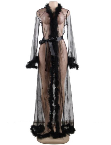 Пеньюар довгий з окантовкою хутром та атласним поясом Star Night Plush Edging чорний, XS-S | Зображення 3