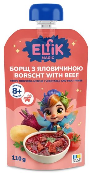 Пюре овочево-м'ясне Борщ з яловичиною Elfik Magic 110 г х 9 шт