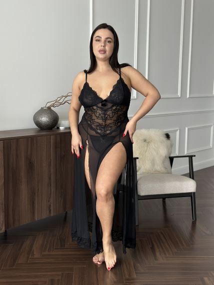 Розкішна чорна мереживна довга сорочка PLUS SIZE | Зображення 3
