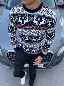 Мужской новогодний свитер с оленями низкий воротник PA2658 цвет синий, размер XL