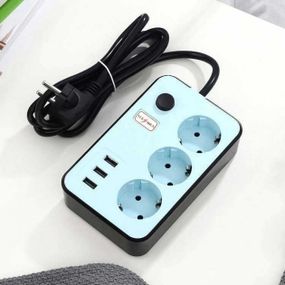 Мережевий подовжувач бірюзовий 3 розетки та 3 USB-порти
