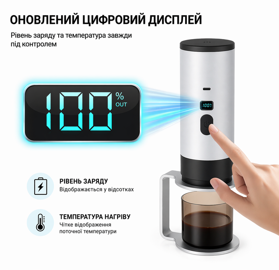 Портативна кавоварка з підігрівом 18 бар, акумулятором 7800mAh та підтримкою капсул і меленої кави сіра | Зображення 7