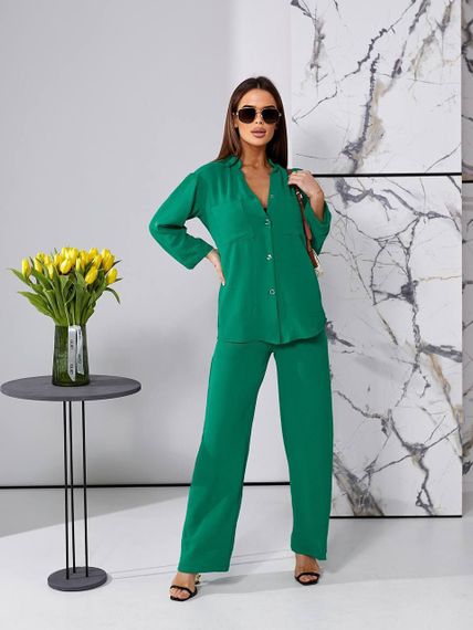 Женский легкий костюм рубашка и свободные брюки креп-жатка, UH378 размер 46, цвет Зеленый | Зображення 2