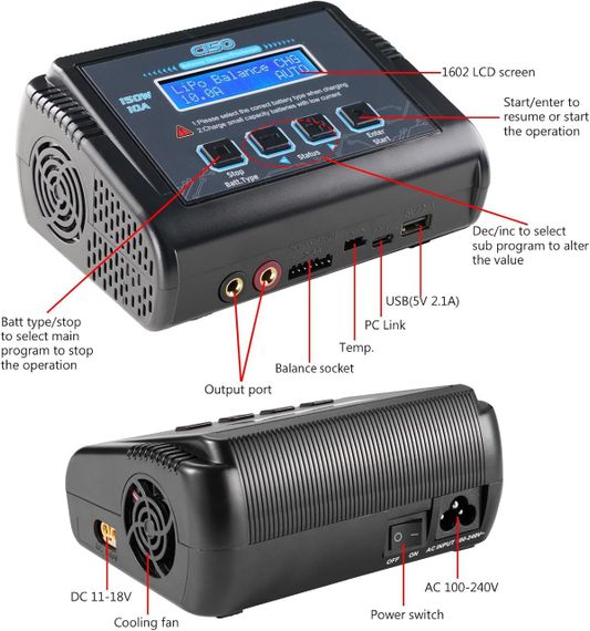 LiPo зарядний пристрій С150 150W 10A AC/DC з балансуванням та підтримкою Li-ion/LiFe/NiMH/NiCd/LiHV/Pb акумуляторів BMS контролер | Зображення 3
