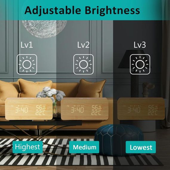 Цифровой будильник LAOPAO с беспроводной зарядкой, LED-дисплеем, 3 будильниками, температуры и влажности | Зображення 3