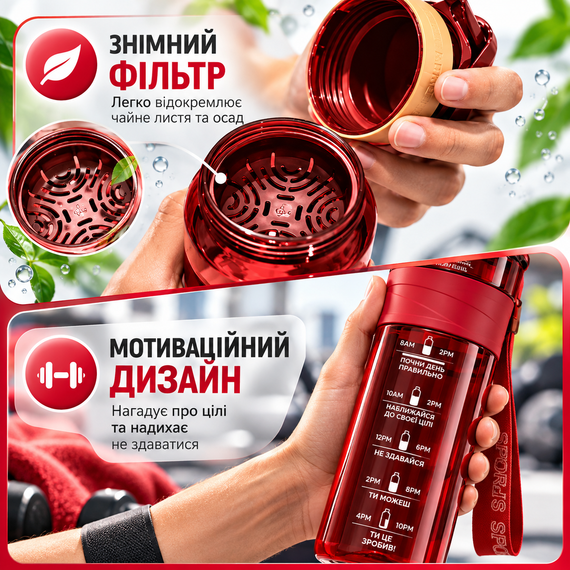 Спортивная бутылка KANGZYUAN 700 мл красная - Tritan BPA Free, ударопрочная эко-бутылка для воды с герметичной крышкой и ремешком | Зображення 3
