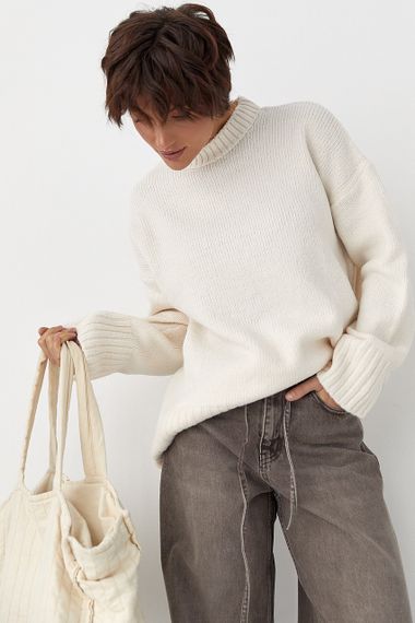 Однотонна в'язана кофта з широкими рукавами - молочний цвет, ONE SIZE (є розміри) | Зображення 4