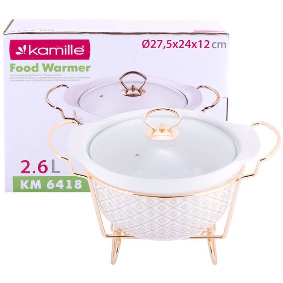 Марміт керамічний Kamille 2.6 л з скляною кришкою круглий золота підставка 2 свічники | Зображення 7