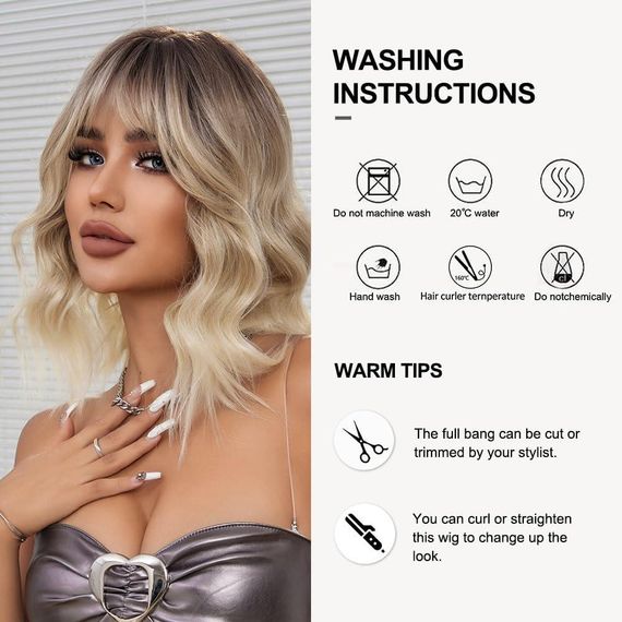 Перука коротка хвиляста каре блонд омбре з чубчиком, термостійке синтетичне волосся з натуральним проділом,  для зміни образу | Зображення 2