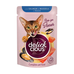 Вологий корм пауч Delickcious для дорослих котів, лосось та мідії 85г