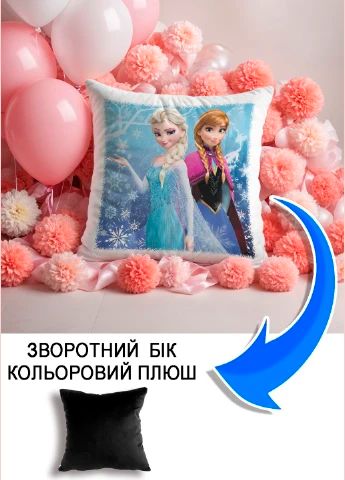 Подушка плюшева Мерч Крафт Дизайн з принтом Frozen Ельза Анна чорний плюш квадратна 33х33 см